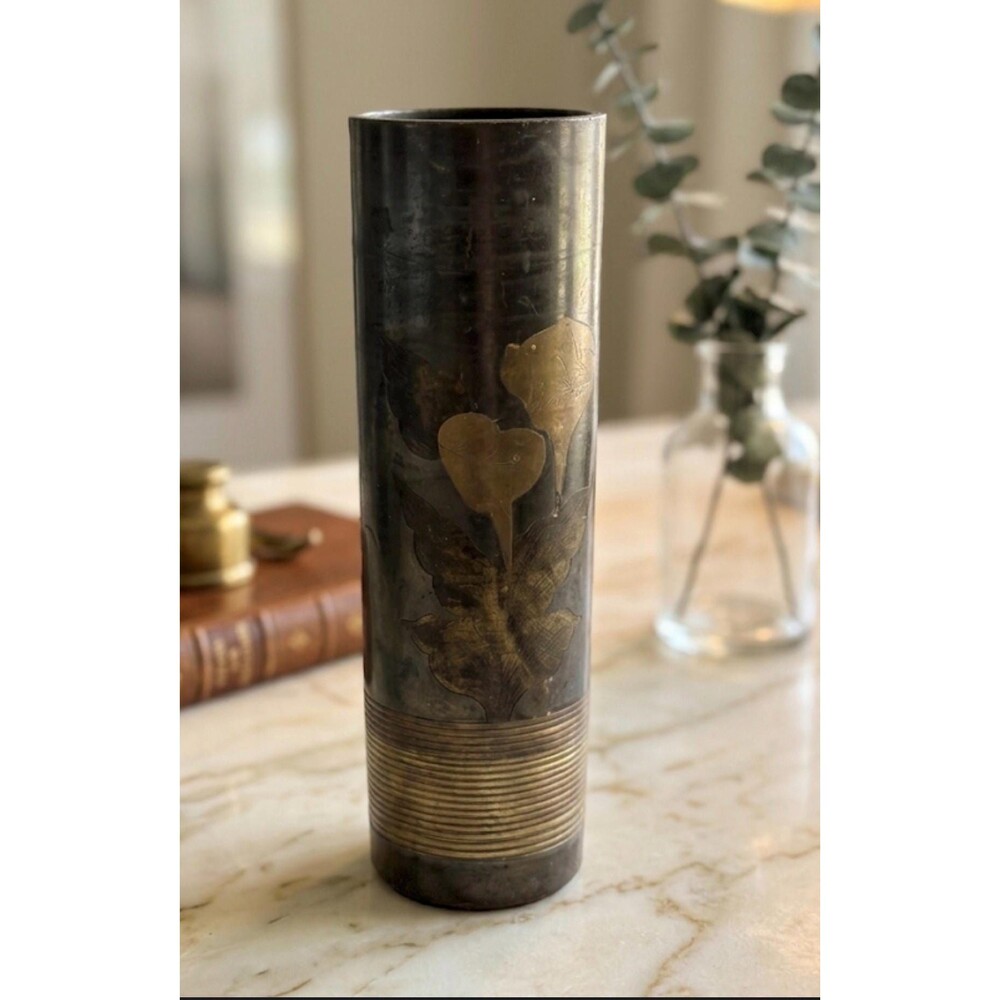 WWI Trench Art Brass Shell Vase with Hand-Chased Floral Inlay Patina Ribbed